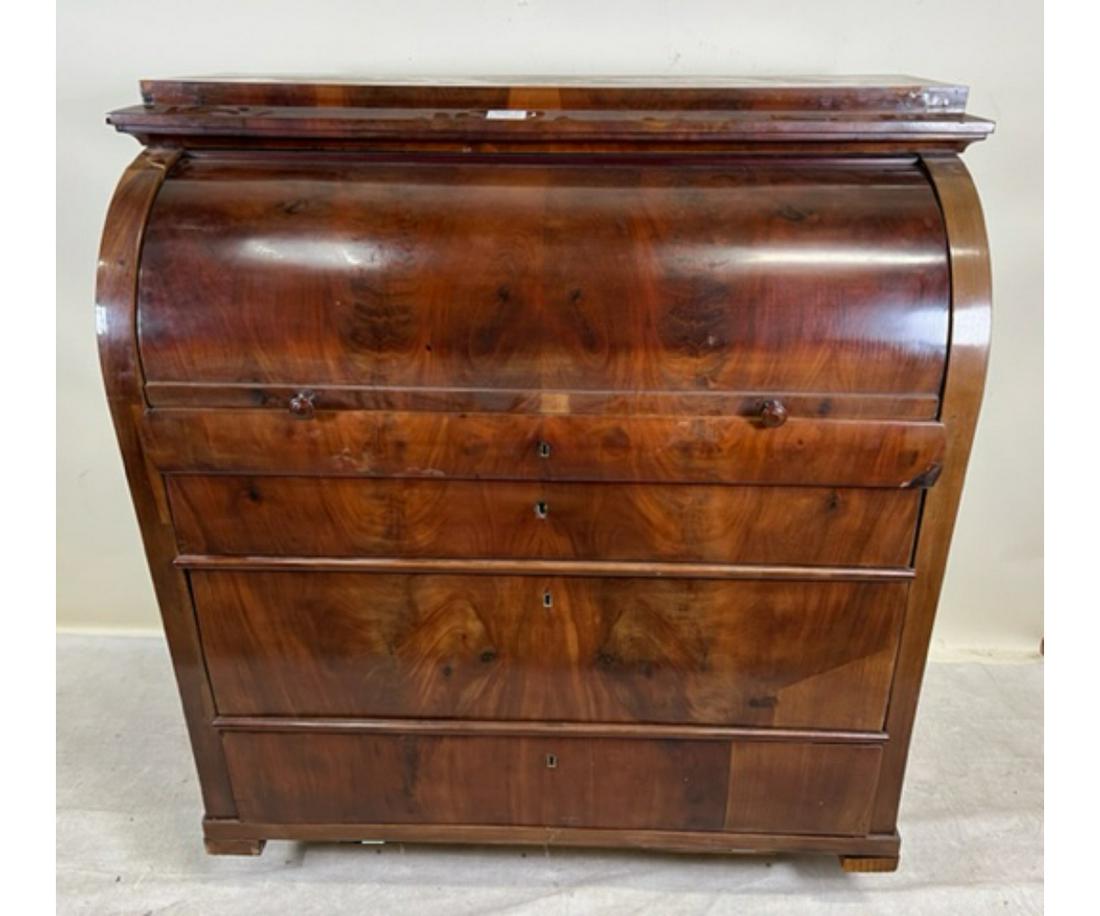 ANTIQUE DANISH MAHOGANY CYLINDER ROLL DESK: ANTIQUE DANISH MAHOGANY CYLINDER ROLL DESK. Height: 44 in. by Width: 47 in. by Depth: 22 in.