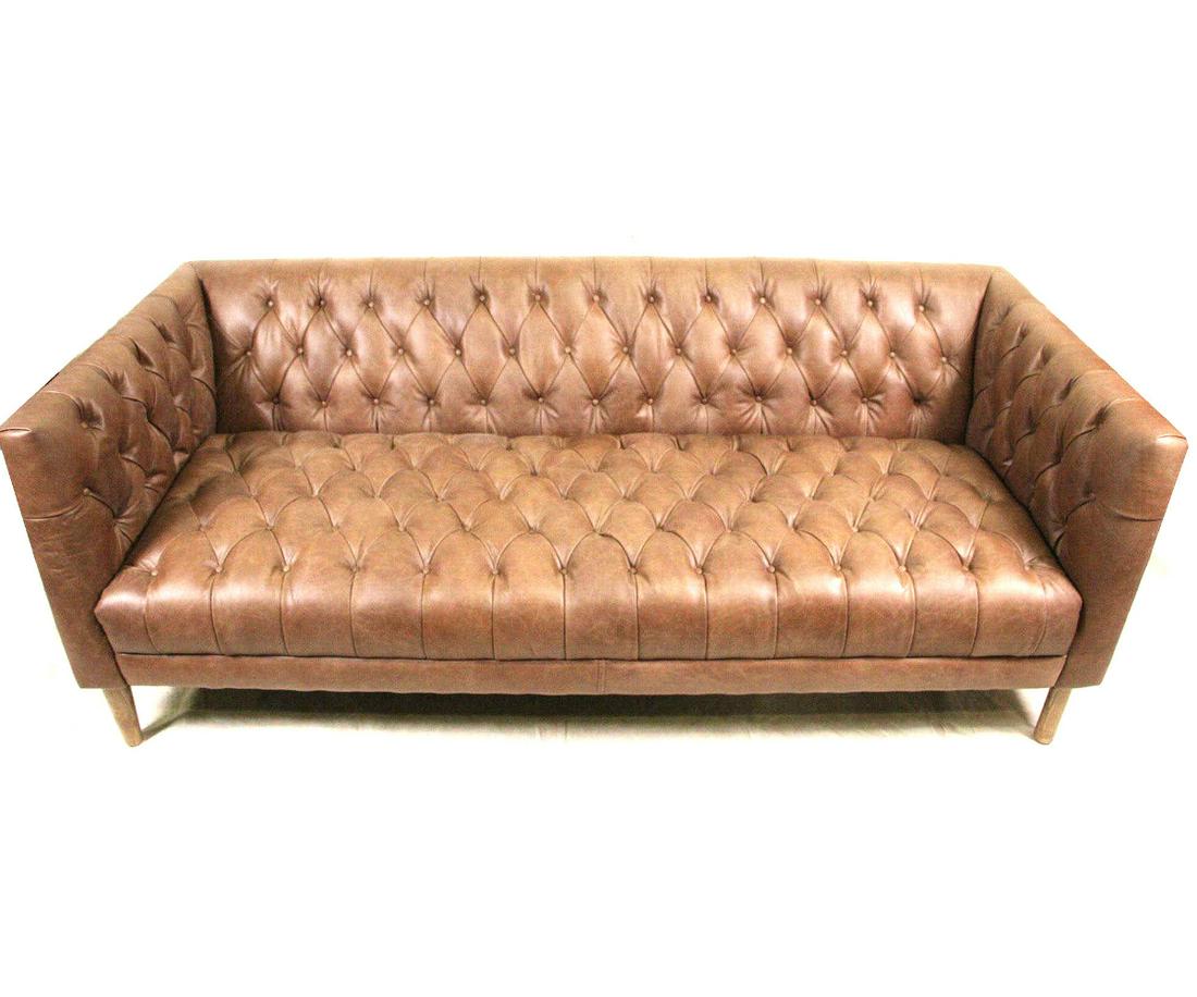 CONTEMPORARY BROWN LEATHER BUTTON TUFTED SOFA (1 of 7)