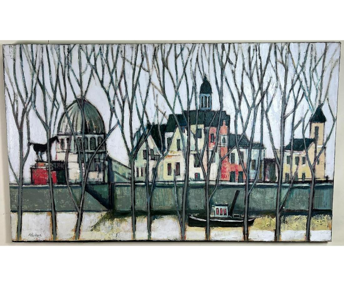 DAVID ADICKES "CITY BY HARBOR" ACRYLIC ON CANVAS (1 of 4)