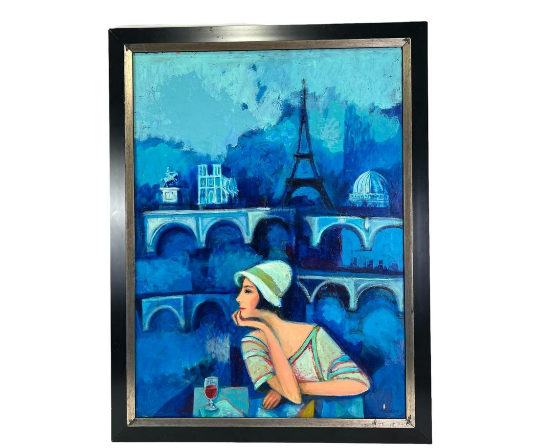 DAVID ADICKES BLUE LADY FRONT AND CENTER PAINTING: DAVID ADICKES THE BLUE CITY WITH LADY FRONT AND CENTER PAINTING Height: 51 in. by Width: 39 in.