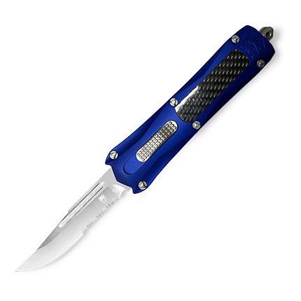 Cobratec Blue King Cobra OTF Knife: NEW Cobratec King Cobra Drop Point SL/PS Blue Chassis 4in D2 Steel; 5in Blue 6061-T6 Aluminum Handle w/Carbon Fiber inlay Double action Out the Front Knife with top release button. - **CANNOT SHIP TO: