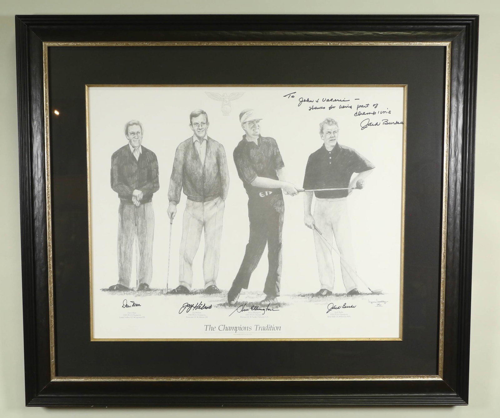 FRAMED THE CHAMPIONS LIMITED EDITION 12/95 PRINT: THE CHAMPIONS LIMITED EDITION 12/95 PRINT. SIGNED BY JACK BURKE, STEVE ELKINGTON, JAY HERBERT, DAVE MARR. Height: 33 in. by Width: 38 in.