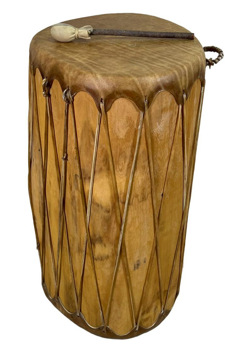 NATIVE AMERICAN LEATHER OVER WOODEN DRUM: NATIVE AMERICAN LEATHER OVER WOODEN DRUM Height: 35 in. by Width: 17 in. by Depth: 17 in.