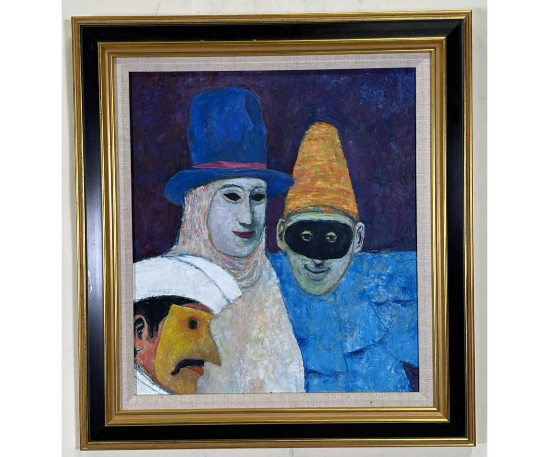 HERB MEARS THREE REVELERS OIL ON PANEL: HERB MEARS (AMERICAN 1923-1999) THREE REVELERS OIL ON PANEL PAINTING. Height: 24 in. by Width: 22 in.