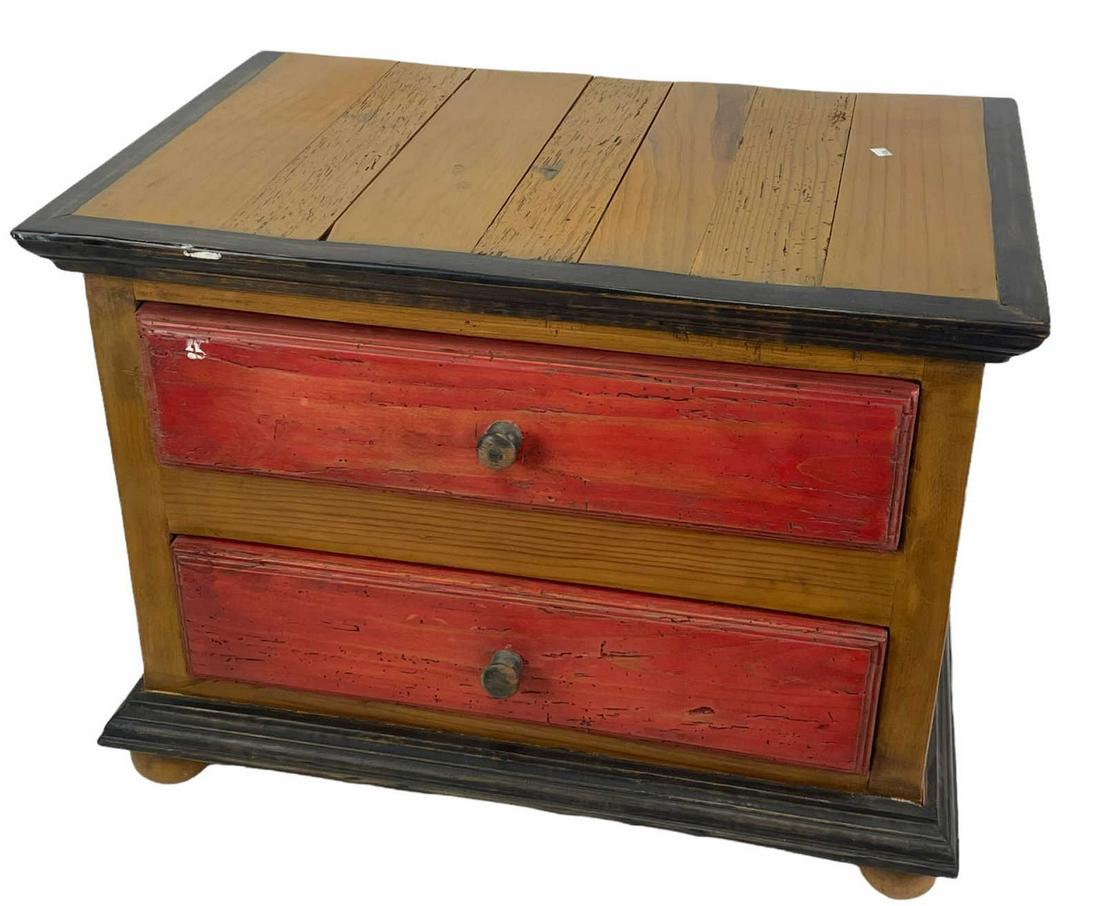 PAINTED TWO DRAWER CHEST: PAINTED TWO DRAWER CHEST. Height: 19 in. by Width: 25 in. by Depth: 17 in.