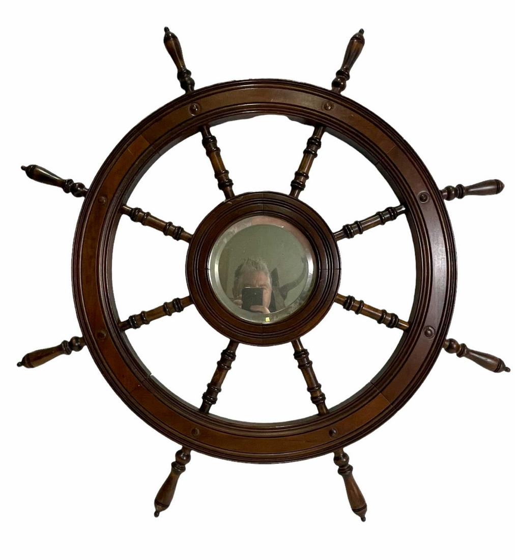 WOODEN SHIP'S STEERING WHEEL: WOODEN SHIP'S STEERING WHEEL. Height: 37 in. by Width: 37 in. by Depth: 4 in.