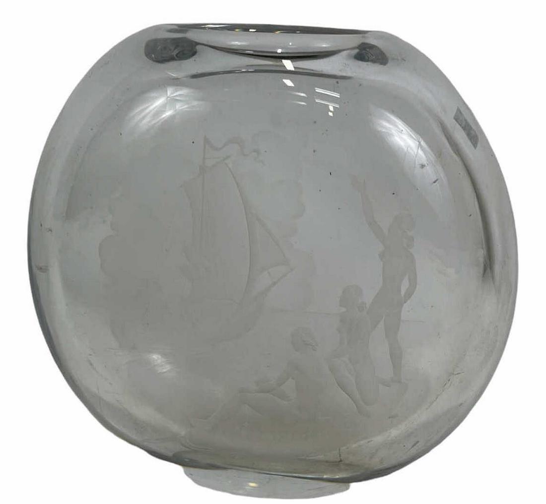 ORREFORS ETCHED GLASS VASE, 1952: ORREFORS ETCHED GLASS VASE, 1952. Height: 8 in. by Width: 8 in. by Depth: 4 in.