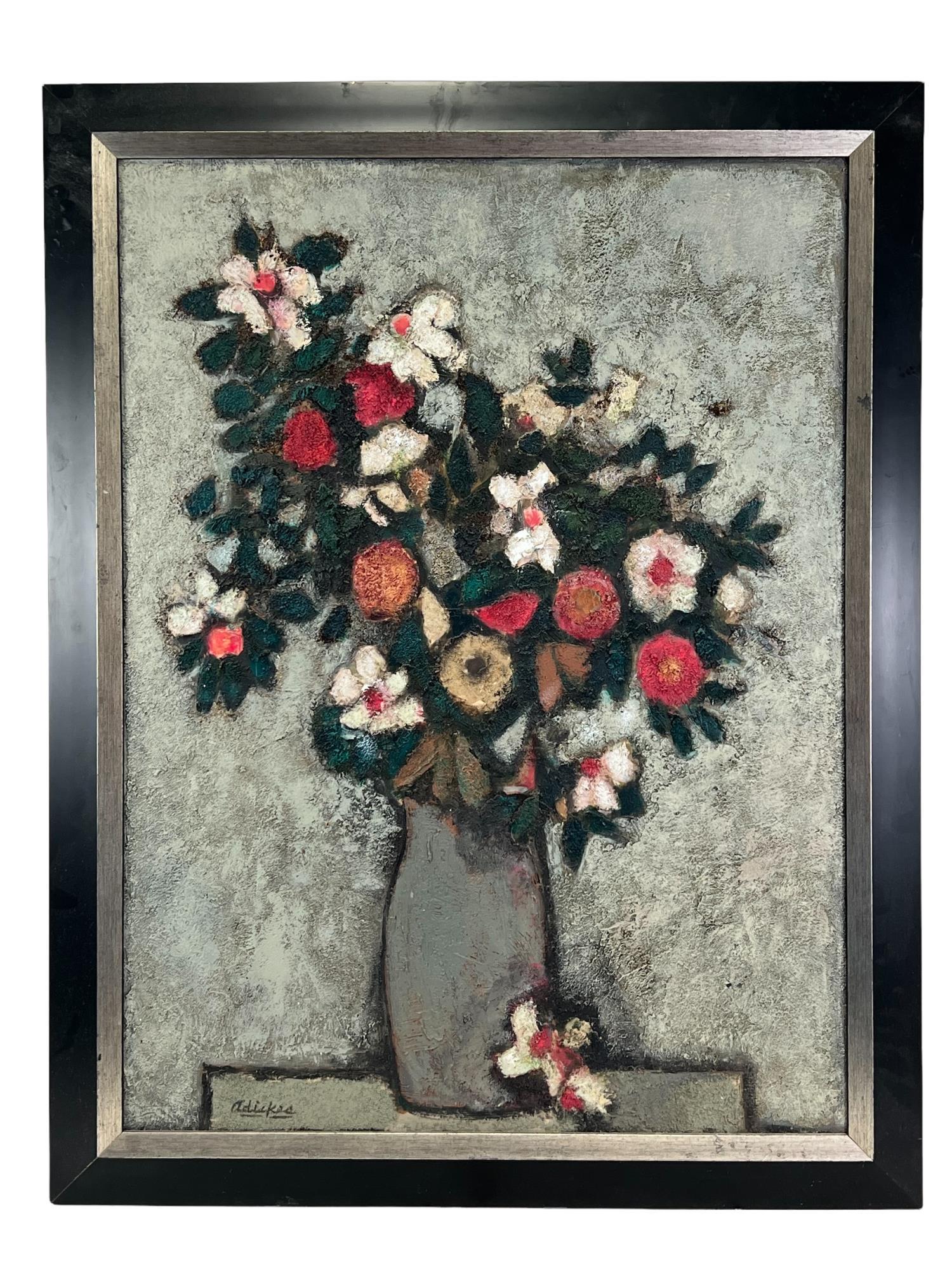 LARGE GRAY BOUTIQUE BY DAVID ADICKES MIXED MEDIA: LARGE GRAY BOUTIQUE BY DAVID ADICKES ACRYLIC AND COFFEE PAINTING Height: 46 in. by Width: 36 in.