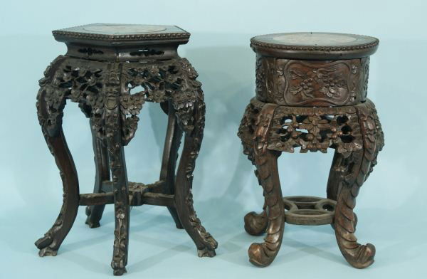 TWO 19th CENTURY CHINESE CARVED ROSEWOOD MARBLE: TWO 19th CENTURY CHINESE ELABORATELY CARVED ROSEWOOD MARBLE TOP TABLES. Height: 20 and 18 1/2 in. by Width: 13 and 12 in. by Depth: 11 and 12 in.