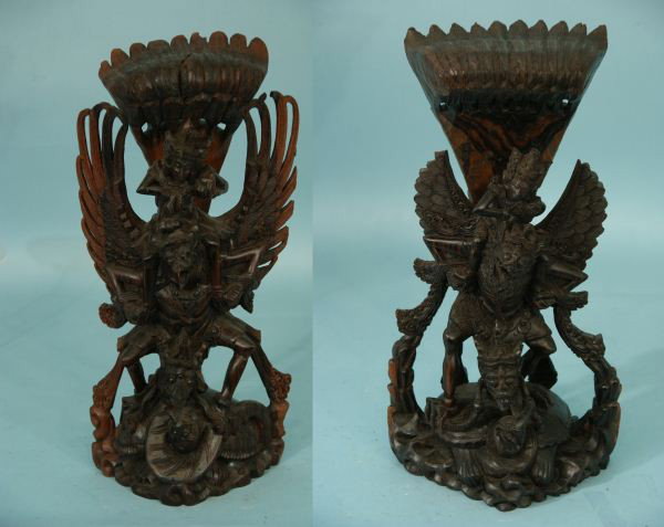 TWO ANTIQUE THAI WOODEN TEMPLE CARVINGS: TWO ANTIQUE THAI WOODEN TEMPLE CARVINGS. Height: 18 in. by Width: 9 in. by Depth: 5 1/2 in.