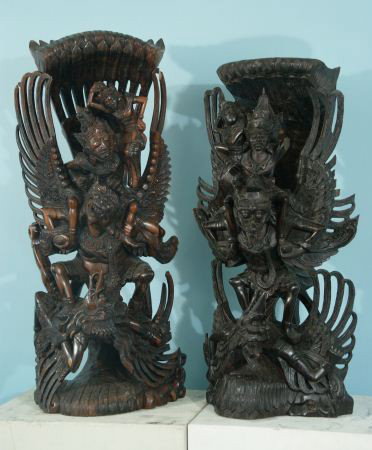 TWO ANTIQUE THAI WOODEN TEMPLE CARVINGS: TWO ANTIQUE THAI WOODEN TEMPLE CARVINGS. Height: 27 and 24 in. by Width: 10 1/4 and 10 1/2 in. by Depth: 8 and 8 in.