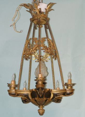 FIVE-LIGHT GILT BRONZE & TOLE CHANDELIER: FIVE-LIGHT GILT BRONZE & TOLE CHANDELIER WITH FROSTED TORCH FLAME. Height: 30 in. by Width: 15 in.