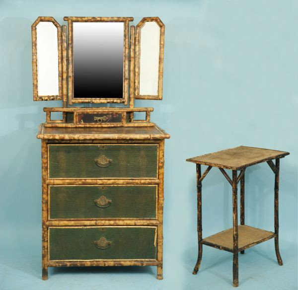 VICTORIAN DRESSING CHEST & END TABLE, CIRCA 1880: TWO-PIECE ENGLISH VICTORIAN BURNT BAMBOO DRESSING CHEST WITH TRIPLE MIRROR WITH TWO-TIER END TABLE. CIRCA 1880. Height: 52 in. in. by Width: 30 1/2 in. in. by Depth: 22 1/2 in.