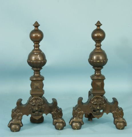 PAIR OF ANTIQUE BRASS ANDIRONS, CIRCA 1880: PAIR OF ANTIQUE BRASS ANDIRONS. CIRCA 1880. Height: 20 in. by Width: 10 1/2 in. by Depth: 9 in.