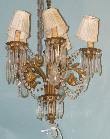 VINTAGE FRENCH BRONZE & CUT GLASS CHANDLIER: 20th CENTURY FIVE-LIGHT FRENCH BRONZE AND CUT GLASS CHANDELIER. CIRCA 1980. SILK SHADES, CUT GLASS CRYSTAL PENDANTS AND SWAGS. Height: 26 in. by Width: 15 in.