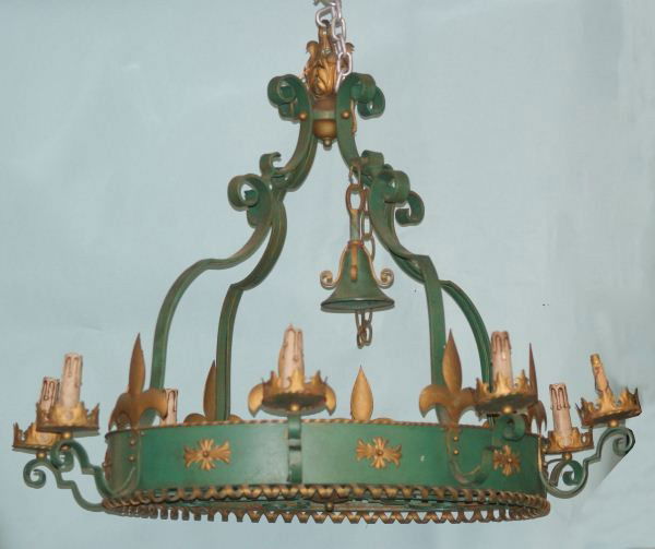 WROUGHT IRON OVAL RING CHANDLIER, CIRCA 1930: EIGHT-LIGHT WROUGHT IRON OVAL RING CHANDLIER WITH FLEUR-DE-LIS MOTIF. CIRCA 1930. Height: 30 in. by Width: 40 in. by Depth: 44 in.