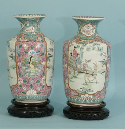 PAIR OF ANTIQUE CHINESE PORCELAIN VASES WITH STAN: PAIR OF ANTIQUE CHINESE PORCELAIN VASES WITH STANDS. Height: 13 in. in. by Width: 7 1/ 2 in. by Depth: 7 1/2 in.