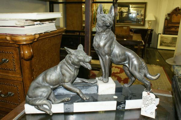 Art Deco spelter figure of a dog: Art Deco spelter figure of a dog. Buyer's Responsibility: All items must be paid the day of purchase and removed from the premises no later than 5 p.m. Monday, June 27. Or items may be picked up Satur