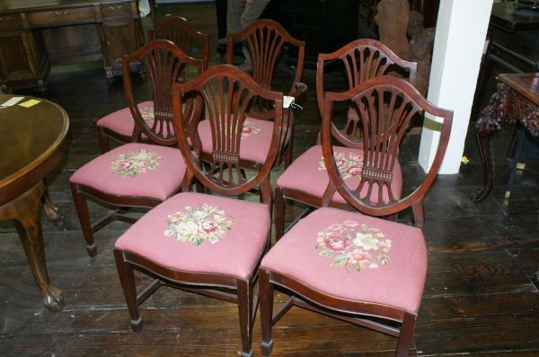 Set 6 Hepplewhite style chairs, 1 arm, 5 sides: Set 6 Hepplewhite style chairs, 1 arm, 5 sides. Buyer's Responsibility: All items must be paid the day of purchase and removed from the premises no later than 5 p.m. Monday, June 27. Or items may be p