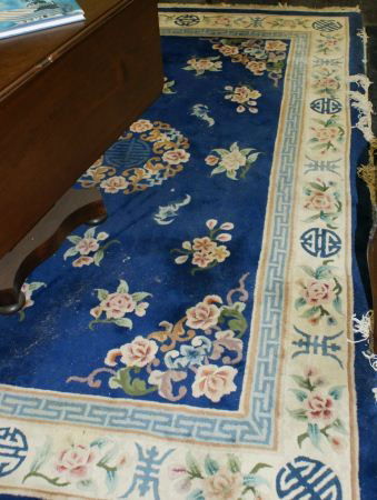 Chinese blue rug, 6" x9" 6": Chinese blue rug, 6" x9" 6". Buyer's Responsibility: All items must be paid the day of purchase and removed from the premises no later than 5 p.m. Monday, June 27. Or items may be picked up Saturday,