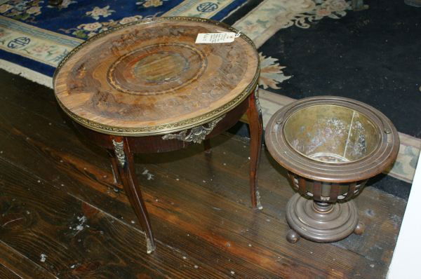 French coffee table and wood coat bucket: French coffee table and wood coat bucket. Buyer's Responsibility: All items must be paid the day of purchase and removed from the premises no later than 5 p.m. Monday, June 27. Or items may be picked