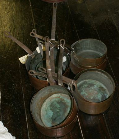 Set Antique Copper Pots: Set Antique Copper Pots. Buyer's Responsibility: All items must be paid the day of purchase and removed from the premises no later than 5 p.m. Monday, June 27. Or items may be picked up Saturday, July