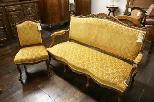 French 19th C Settee and Side Chair: French 19th C Settee and Side Chair. Buyer's Responsibility: All items must be paid the day of purchase and removed from the premises no later than 5 p.m. Monday, June 27. Or items may be picked up Sa
