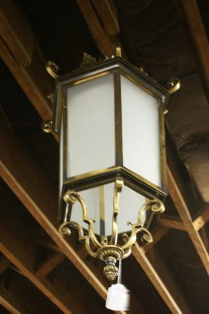 Pair of Brass & Glass Lanterns: Pair of Brass & Glass Lanterns. Buyer's Responsibility: All items must be paid the day of purchase and removed from the premises no later than 5 p.m. Monday, June 27. Or items may be picked up Saturda