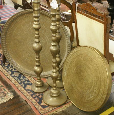 Mixed Lot / 3 Brass Candelsticks, Brass Tray, Bras: Mixed Lot / 3 Brass Candelsticks, Brass Tray, Brass Table Top. Buyer's Responsibility: All items must be paid the day of purchase and removed from the premises no later than 5 p.m. Monday, June 27. Or
