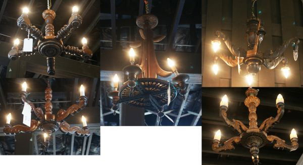 Mixed Lot / 5 Assorted Wood Framed Chandeliers: Mixed Lot / 5 Assorted Wood Framed Chandeliers. Buyer's Responsibility: All items must be paid the day of purchase and removed from the premises no later than 5 p.m. Monday, June 27. Or items may be p