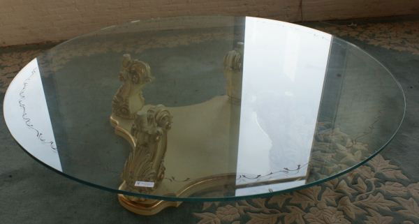 Large Round Coffee Table with Painted Wood Base &: Large Round Coffee Table with Painted Wood Base & Etched Glass Top. Buyer's Responsibility: All items must be paid the day of purchase and removed from the premises no later than 5 p.m. Monday, June 2