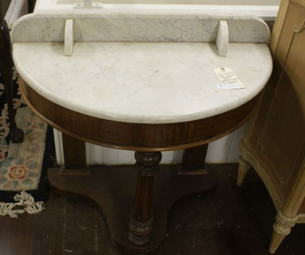 French Antique Marble Top Washstand: French Antique Marble Top Washstand. Buyer's Responsibility: All items must be paid the day of purchase and removed from the premises no later than 5 p.m. Monday, June 27.Or items may be picked up Sat