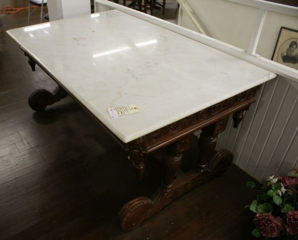 Marble Top Library Table: Marble Top Library Table. Buyer's Responsibility: All items must be paid the day of purchase and removed from the premises no later than 5 p.m. Monday, June 27.Or items may be picked up Saturday, July