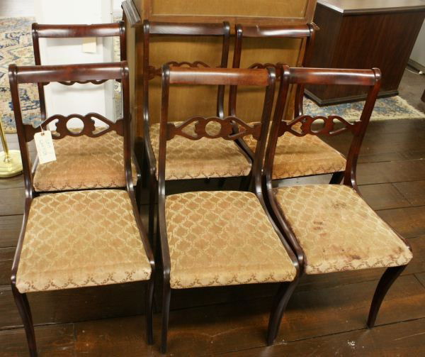 Set of 6 Duncan Phyfe Style Chairs: Set of 6 Duncan Phyfe Style Chairs. Buyer's Responsibility: All items must be paid the day of purchase and removed from the premises no later than 5 p.m. Monday, June 27. Or items may be picked up Sat