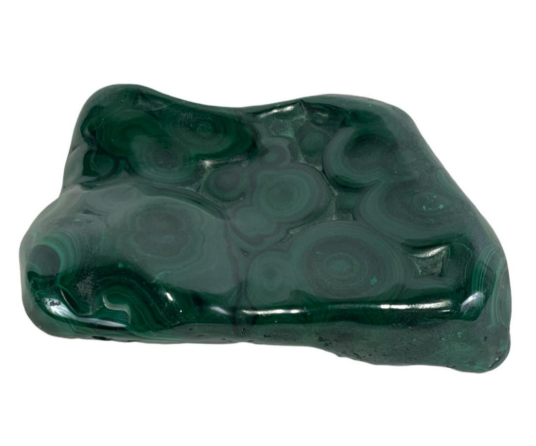 POLISHED MALACHITE SPECIMEN: POLISHED MALACHITE SPECIMEN - (ML82) - 13OZ Height: 3 in. by Width: 4 in. by Depth: 1