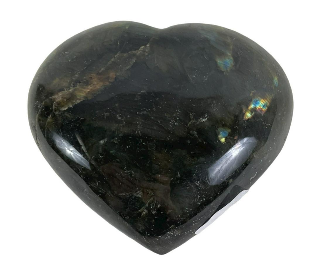 POLISHED LABRADORITE HEART: POLISHED LABRADORITE HEART - (LA51) - 15 OZ Height: 3 in. by Width: 4 in. by Depth: 1