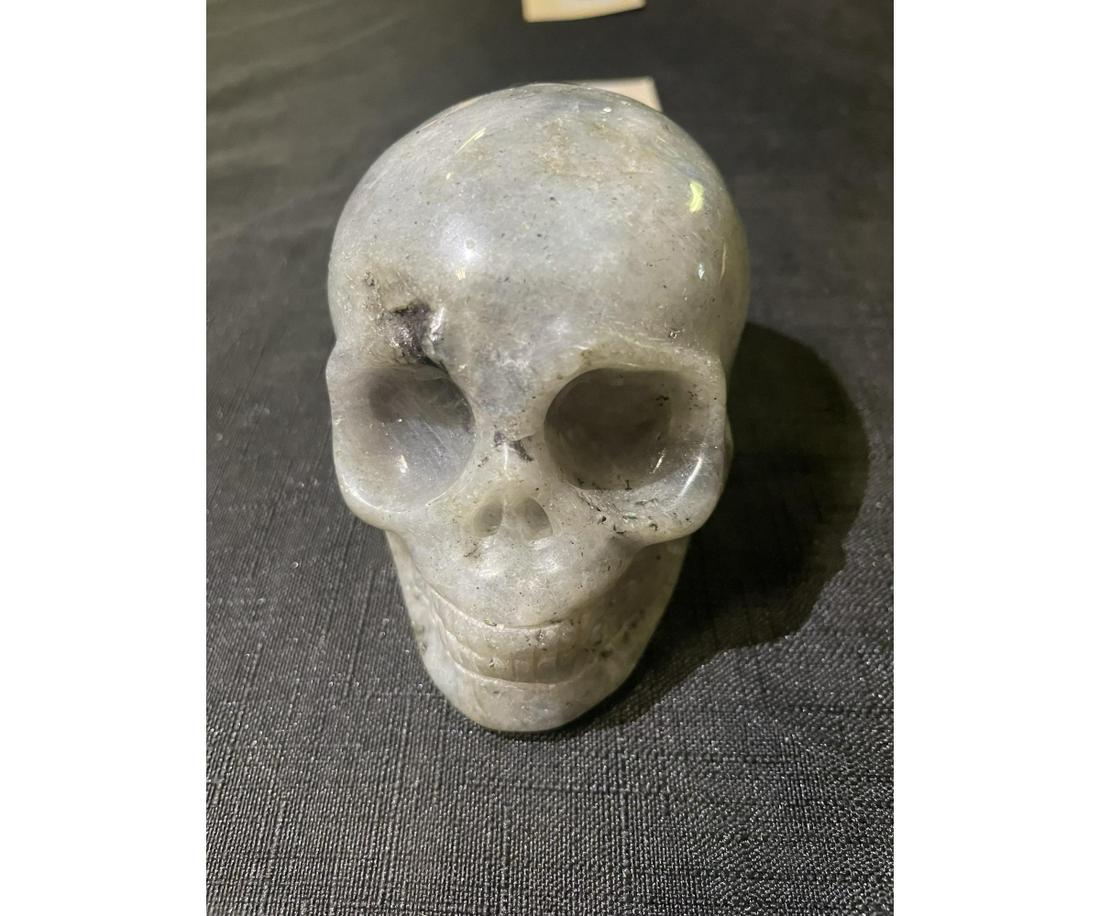LABRADORITE SKULL: LABRADORITE SKULL - (LA82) - 1 LB 3 OZ Height: 3 in. by Width: 2 in. by Depth: 3