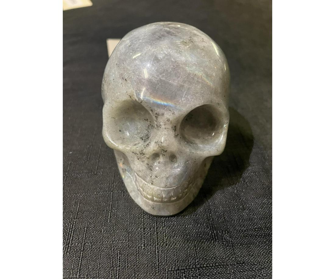 LABRADORITE SKULL: LABRADORITE SKULL - (LA79) - 1 LB 5 OZ Height: 3 in. by Width: 2 in. by Depth: 3