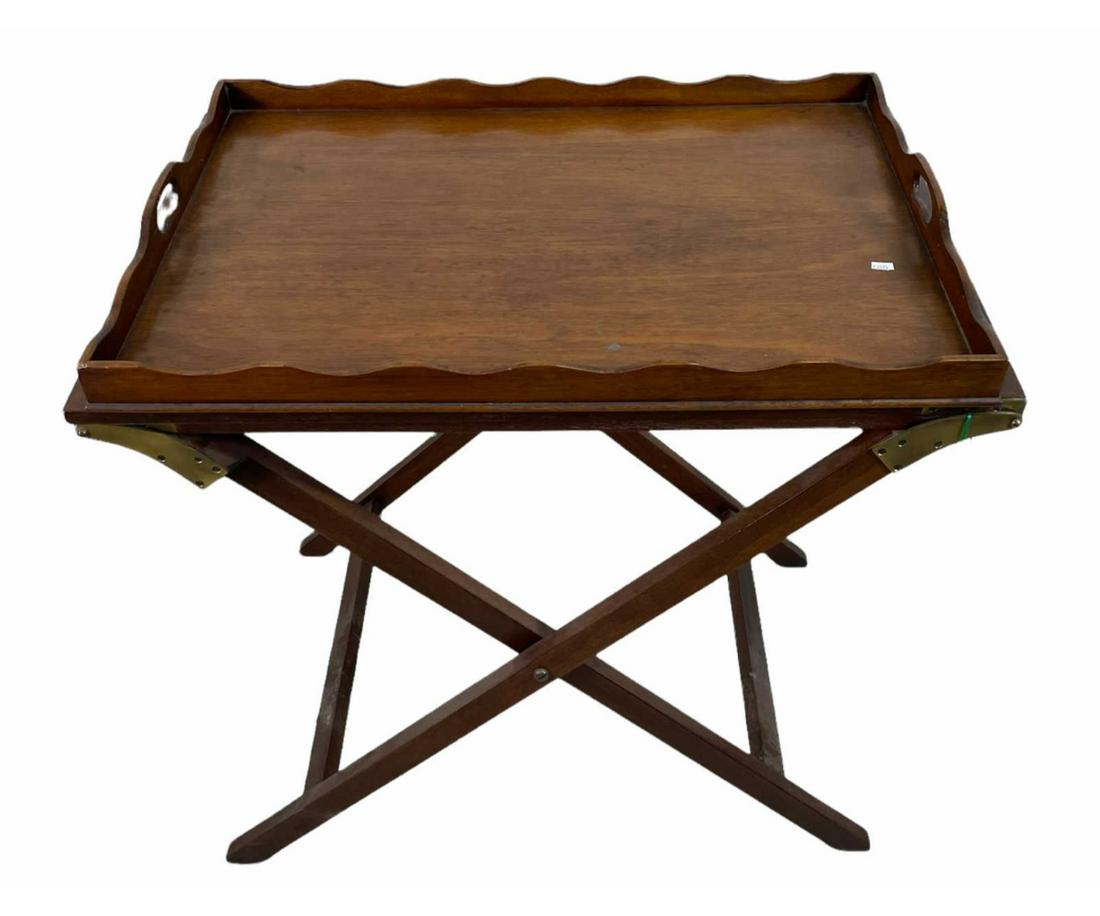 SERVING TABLE WITH REMOVABLE TRAY TOP: SERVING TABLE WITH REMOVABLE TRAY TOP AND TWO LEAVES WITH LEGS TO TRIPLE IN SIZE. Height: 29 in. by Width: 90 in. by Depth: 21 in.