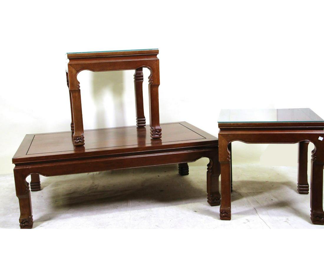 SET OF THREE ROSEWOOD TABLES: SET OF THREE ROSEWOOD TABLES (ONE COFFEE TABLE & 2 SIDE TABLES). Height: 23 in. by Width: 22 in. by Depth: 22 in.