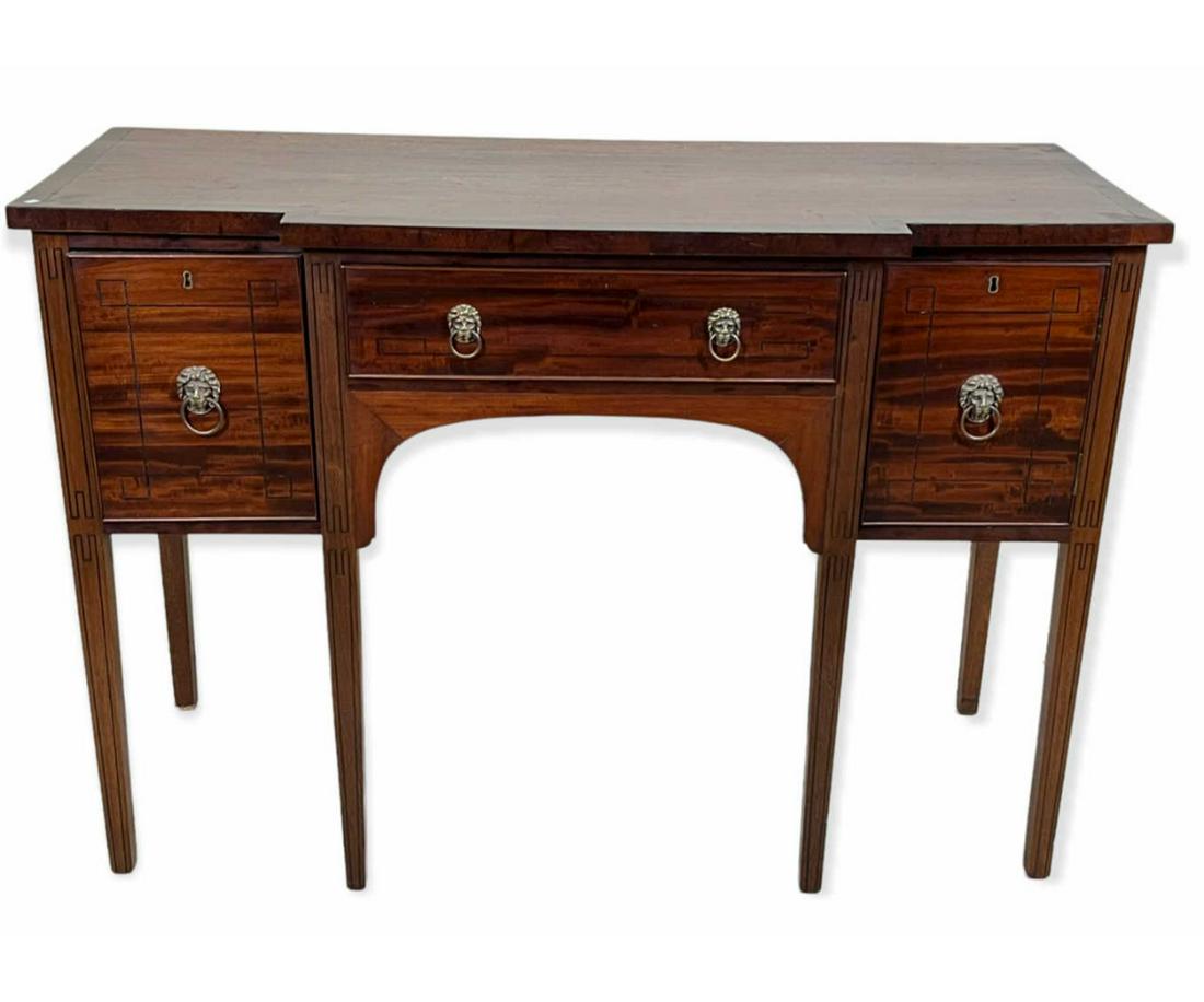 19th CENTURY REGENCY MAHOGANY SIDEBOARD: 19th CENTURY REGENCY MAHOGANY SIDEBOARD WITH THREE DRAWERS. Height: 38 in. by Width: 54 in. by Depth: 38 in.