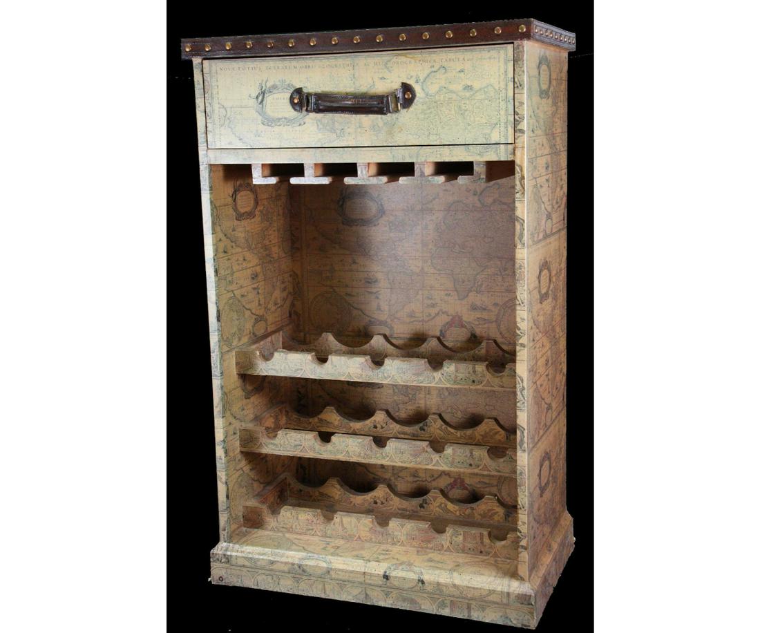 WINE RACK CABINET COVERED IN WORLD MAPS: WINE RACK CABINET COVERED IN WORLD MAPS WITH ONE DRAWER. LEATHER HANDLE IS BROKEN, SOLD AS IS. Height: 39 in. by Width: 24 in. by Depth: 14 in.