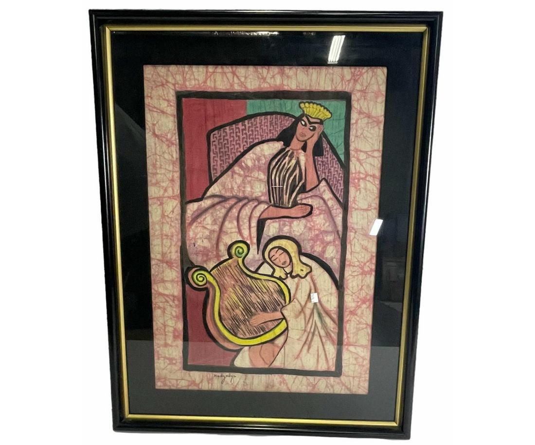 NADYADYA BATIQUE WATERCOLOR ON FABRIC PAINTING: NADYADYA BATIQUE ABSTRACT FEMALE WITH HARP WATERCOLOR ON FABRIC PAINTING. Height: 27 in. by Width: 21 in.
