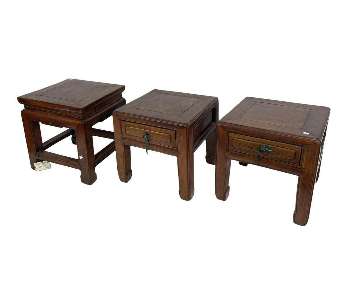 LOT OF THREE ANTIQUE CHINESE SMALL TABLES: LOT OF THREE ANTIQUE CHINESE SMALL TABLES. (R-13/0-00/31673) (R-24/0-00/31224) Height: 14 in. by Width: 13 in. by Depth: 13 in.