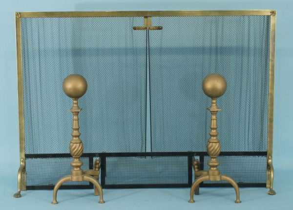 PAIR OF VINTAGE ANDIRONS AND FIRES SCREEN: PAIR OF VINTAGE ANDIRONS AND FIRE SCREEN. Height: 31 and 21 in. by Width: 8 and 44 in. by Depth: 8 and 18 1/2 in.