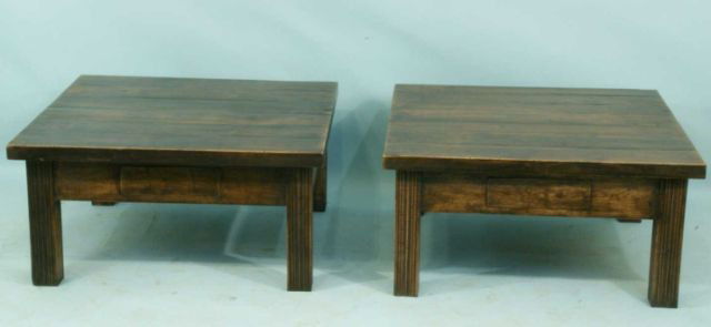 PAIR OF RUST PINE END TABLES WITH TWO DRAWERS: PAIR OF RUST PINE END TABLES WITH TWO DRAWERS. Height: 18 in. by Width: 36 in. by Depth: 36 in.