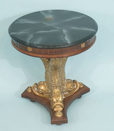FISH MOTIF PEDESTAL TABLE: FISH MOTIF PEDESTAL TABLE WITH FAUX MARBLE TOP. Height: 22 in. by Width: 19 in. by Depth: 19 in.