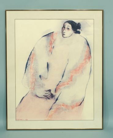R. C. GORMAN "WOMAN" OFFSET LITHOGRAPH: GILT FRAME AND MATTED R. C. GORMAN "WOMAN" OFFSET LITHOGRAPH, SIGNED IN THE IMAGE. Height: 32 and 27 in. by Width: 26 1/4 and 21 in. by Depth: 1 in.