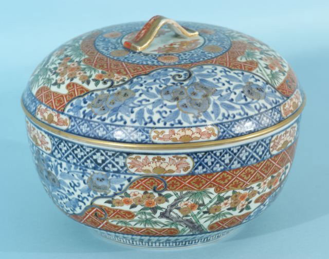 ANTIQUE IMARI PORCELAIN LIDDED BOWL: ANTIQUE IMARI PORCELAIN LIDDED BOWL. Height: 11 in. by Width: 11 in. by Depth: 9 in.