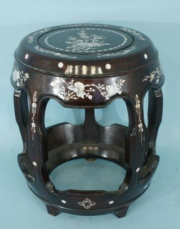 ANTIQUE CHINESE LACQUERED & INLAID STOOL: ANTIQUE CHINESE LACQUERED STOOL WITH MOTHER-OF-PEARL INLAY. Height: 17 1/2 in. by Width: 16 in.